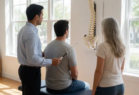 Un thérapeute utilise une baguette pour indiquer la colonne vertébrale sur un modèle pendant qu'un patient et un client observent dans un cabinet clinique.