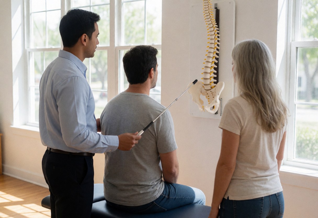 Un thérapeute utilise une baguette pour indiquer la colonne vertébrale sur un modèle pendant qu'un patient et un client observent dans un cabinet clinique.
