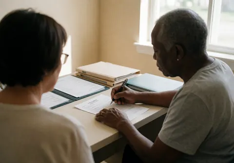 Un kinésithérapeute professionnel signe un formulaire sur un bureau propre et ordonné, dans un cabinet aux murs beiges éclairé par la lumière naturelle.
