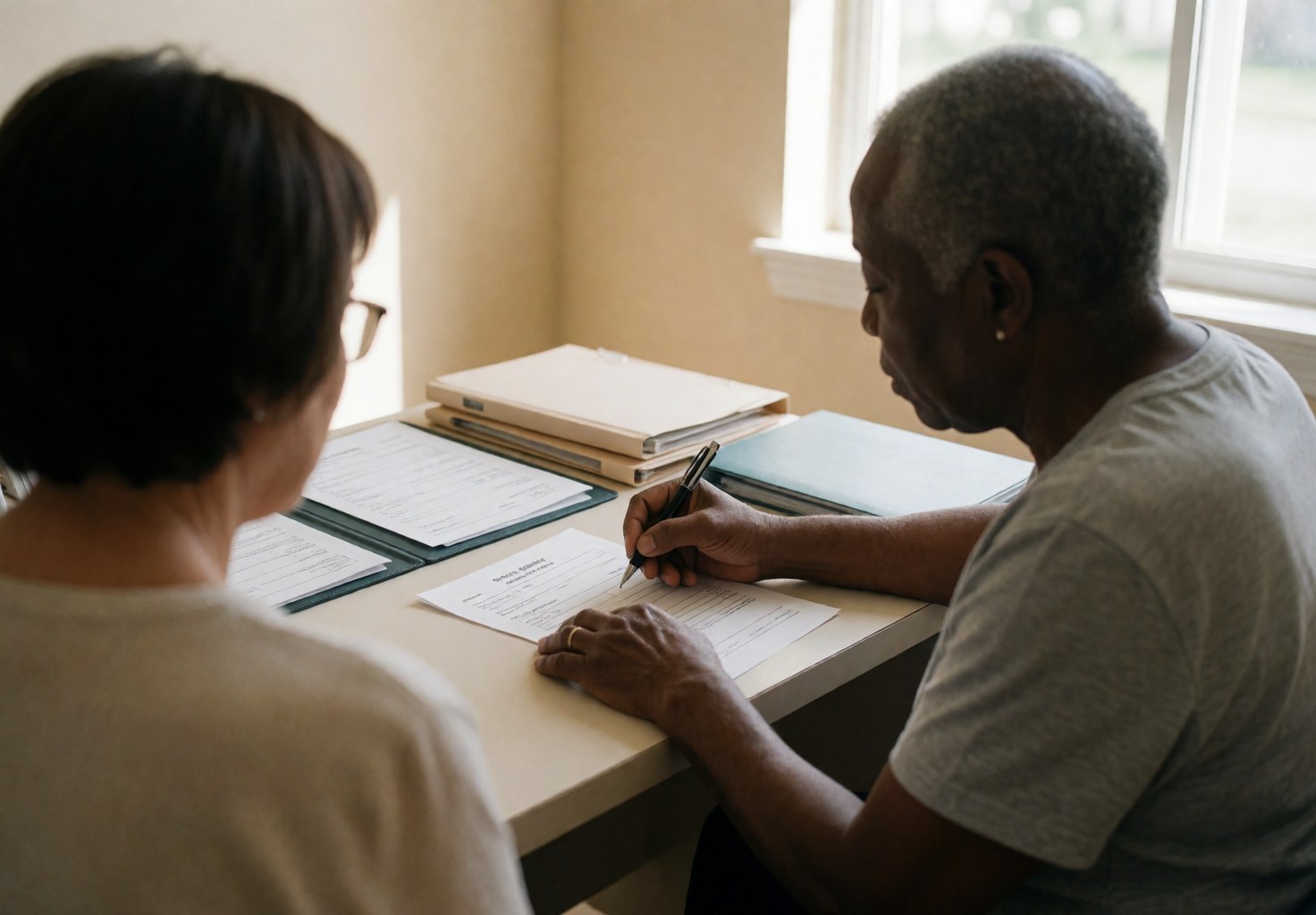 Un kinésithérapeute professionnel signe un formulaire sur un bureau propre et ordonné, dans un cabinet aux murs beiges éclairé par la lumière naturelle.