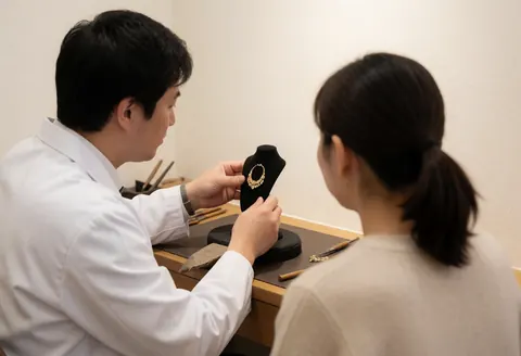 Un bijoutier présente un collier en or sur un mannequin noir à un client dans son atelier, avec des outils de bijouterie posés sur une table en bois.