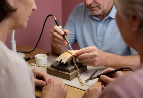 Un joaillier utilise une micro-torche pour souder une chaîne en or sur un bloc, tandis que des clients observent la réparation dans l'atelier.