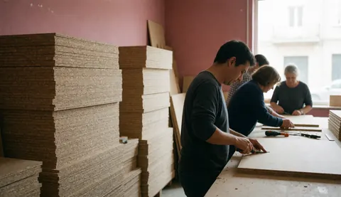 Des travailleurs utilisent des outils pour couper des panneaux de particules dans un atelier de menuiserie aux murs roses et à la lumière naturelle.
