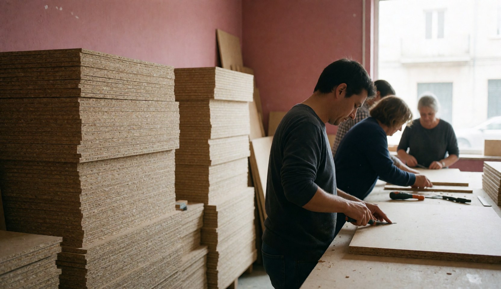Des travailleurs utilisent des outils pour couper des panneaux de particules dans un atelier de menuiserie aux murs roses et à la lumière naturelle.