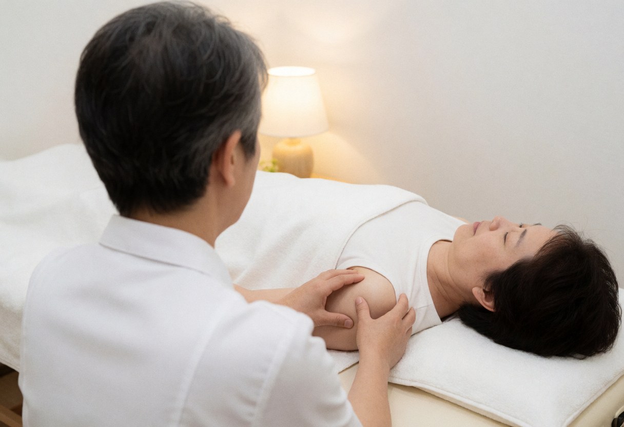 Une thérapeute réalise un massage des épaules sur une cliente allongée dans un cabinet aux murs blancs et à la lumière chaude.