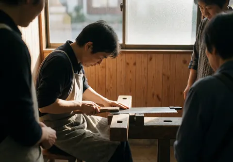 Un homme affûte les dents d'une scie japonaise dans un atelier de menuiserie avec des murs en planches et une lumière naturelle provenant d'une fenêtre, illustrant un service de réparation d'outils en action.