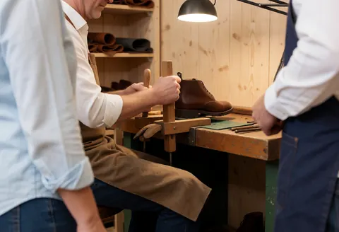 Un cordonnier travaille sur une chaussure avec une forme en bois dans son atelier, entouré d'étagères de cuir et d'outils.