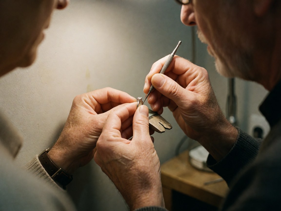 Mains d'un joaillier ajustent le sertissage d'une bague à l'aide d'un outil spécialisé sur fond gris clair, éclairage focalisé pour la réparation.