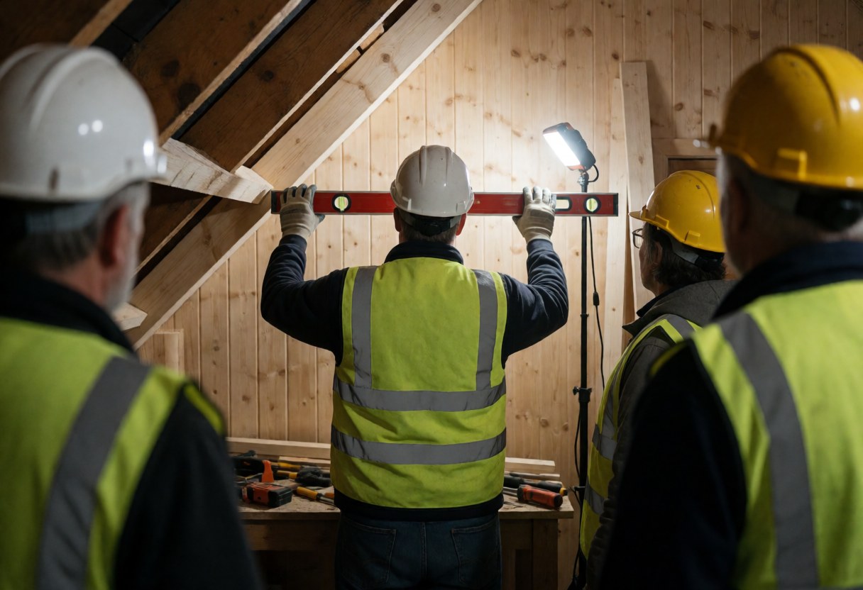 Un technicien en équipement de sécurité ajuste une poutre sur un toit en bois éclairé par une lampe portable, sous le regard d'autres ouvriers.