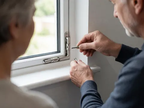 Un installateur ajuste un boulon métallique sur le cadre d'une fenêtre blanche devant un mur gris, illustrant un service de précision pour fenêtres isolées.