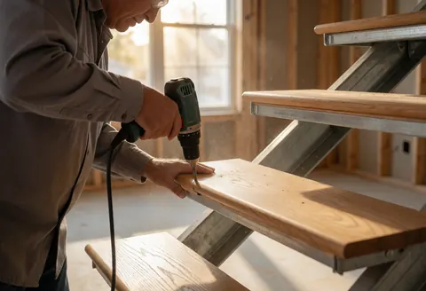 Un menuisier pose une marche en bois sur une structure d'escalier métallique dans une maison en construction, avec de la poussière flottant dans la lumière du soleil.