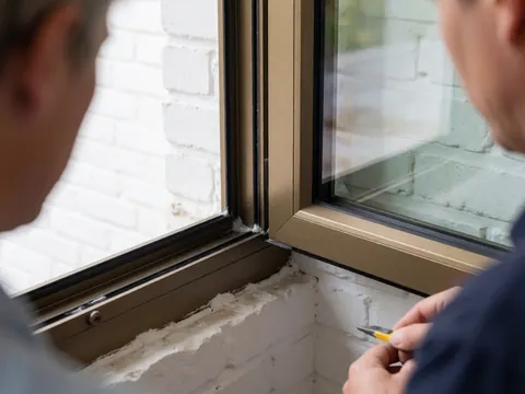Un installateur ajuste le joint d'une fenêtre en aluminium sur un mur de briques blanches avec un outil de coupe.