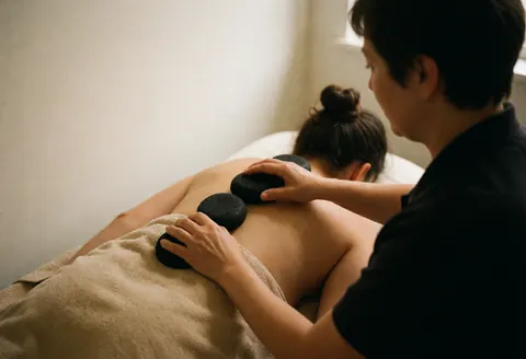 Un thérapeute applique des pierres chaudes sur le dos d'un client couvert d'une serviette beige dans un spa lumineux.
