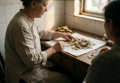 Un professionnel en tunique beige présente des feuilles sèches sur un diagramme posé sur une table en bois, baigné de lumière naturelle provenant d'une fenêtre.