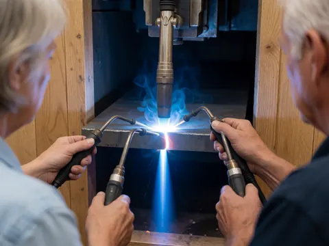 Deux soudeurs utilisant le plasma pour couper une pièce d'acier dans un atelier industriel, avec une lumière bleue intense et des débris.