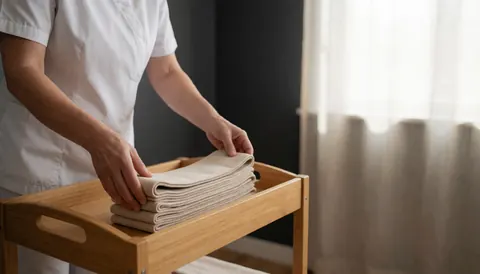 Un professionnel plie du tissu beige sur un chariot en bois dans une salle de traitement aux murs gris et à la lumière naturelle.