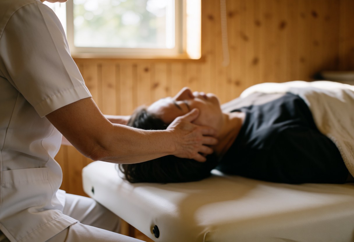 Le thérapeute applique des mouvements de massage sur la tête d'un client allongé sur une table blanche dans un espace lumineux aux murs en bois.