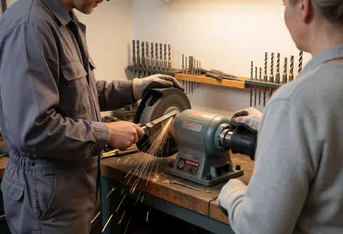 Un forgeron utilise une meuleuse pour affûter un outil dans un atelier, avec des forets sur une étagère et des étincelles de métal visibles.