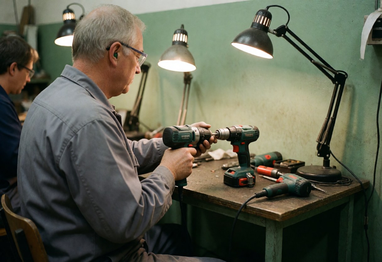 Un technicien ajuste une mèche sur une perceuse électrique dans un atelier avec des murs verts et un éclairage de travail pour la réparation d'outils.