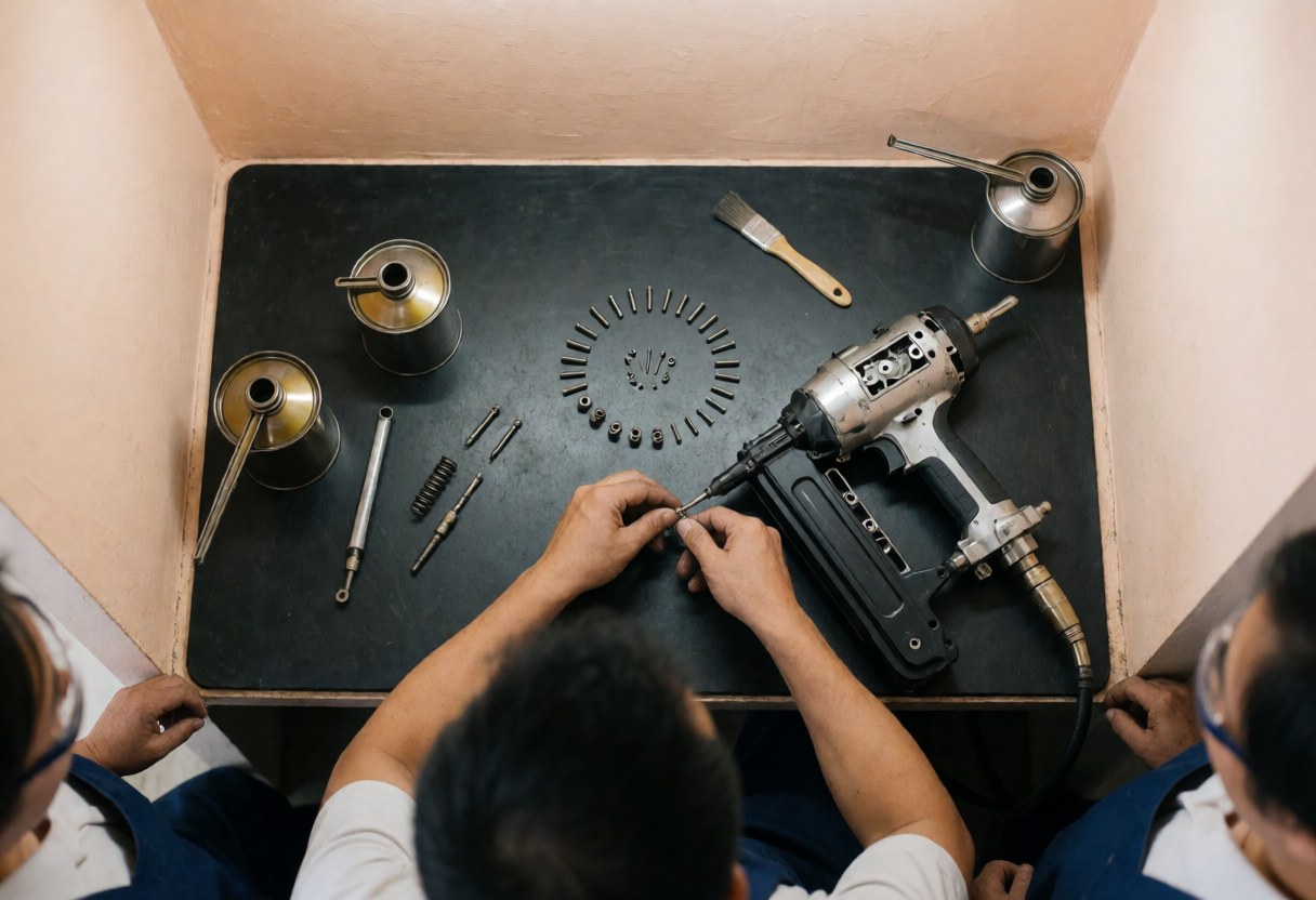 Un technicien en train de démonter un marteau pneumatique sur une table noire avec des pièces disposées en cercle, de l'huile et une brosse, devant un mur beige.