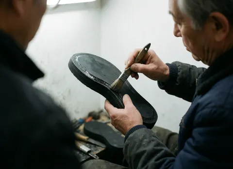 Un cordonnier professionnel applique de la colle avec un pinceau sur la semelle d'une chaussure, mains visibles devant un fond blanc.