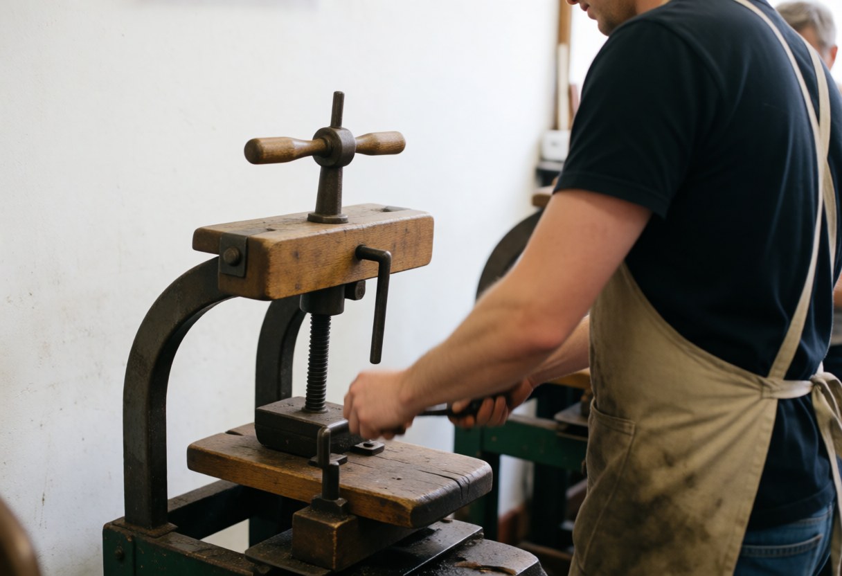 Cordonnier travaillant avec un outil de pressage dans un atelier aux murs blancs et aux outils visibles.