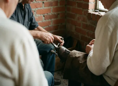 Mains d'un artisan cordonnier utilisant un outil pour ajuster une chaussure en cuir dans un atelier avec mur de briques rouges et lumière naturelle.