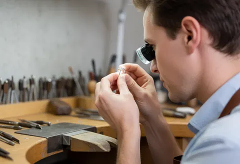 Un jeune joaillier examine attentivement une bague à l'aide d'une loupe dans son atelier, entouré d'outils de travail sur un établi.