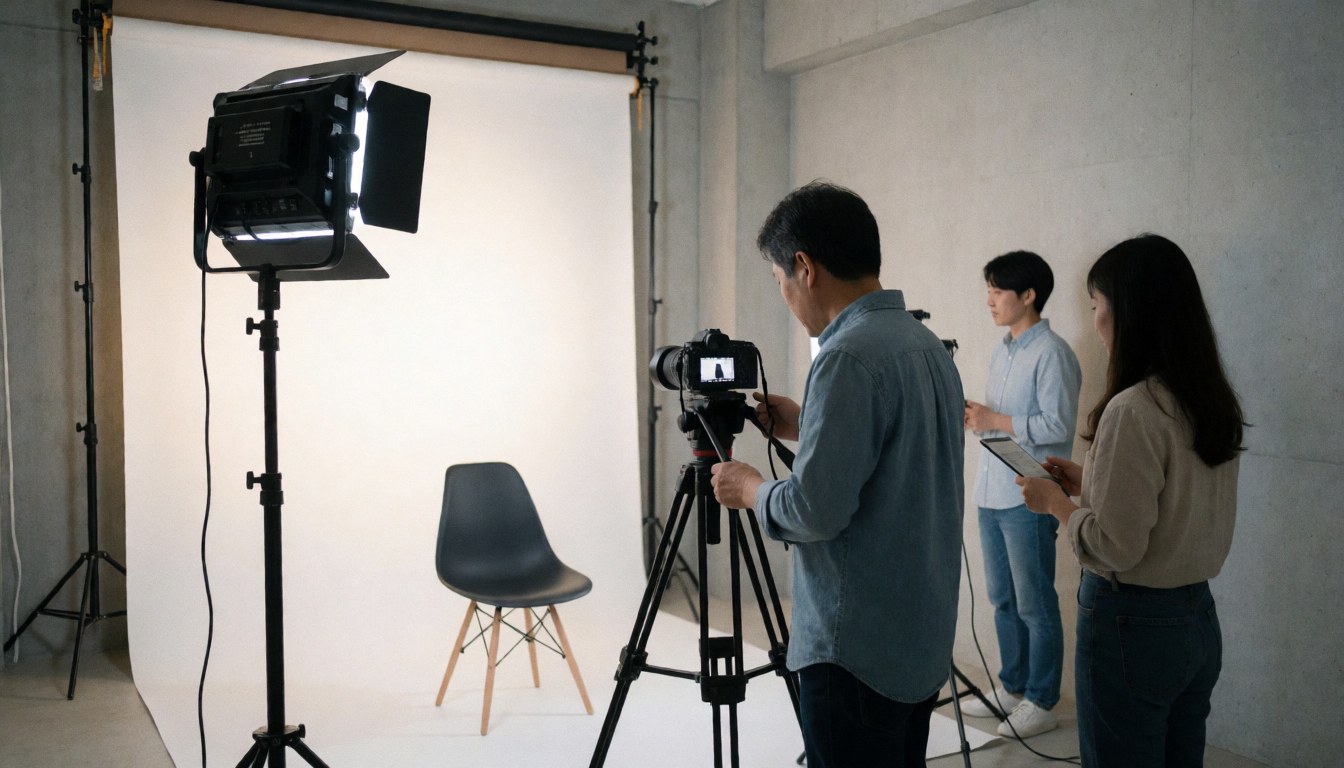 Trois vidéastes travaillant dans un studio aux murs de béton, une chaise noire et une lumière LED, prêts à enregistrer.
