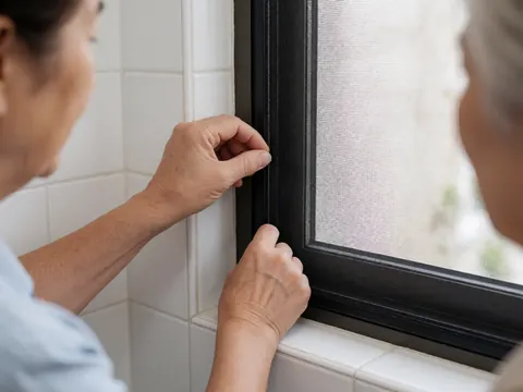 Des mains installent un moustiquaire noir sur une fenêtre à cadre noir, posée sur un mur de carreaux blancs, pour un service d'installation de fenêtres isolées.