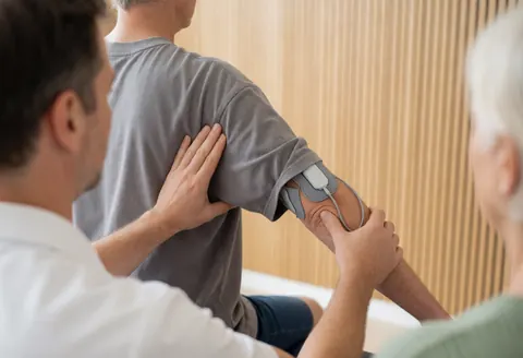 Un thérapeute guide le mouvement du bras d'un patient équipé d'électrodes TENS dans un cabinet moderne aux murs en bois clair.