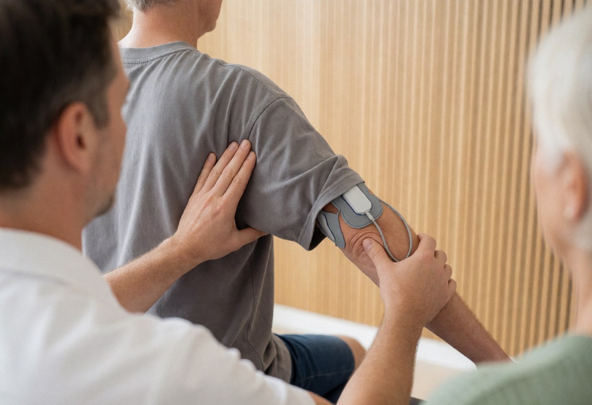 Un thérapeute guide le mouvement du bras d'un patient équipé d'électrodes TENS dans un cabinet moderne aux murs en bois clair.