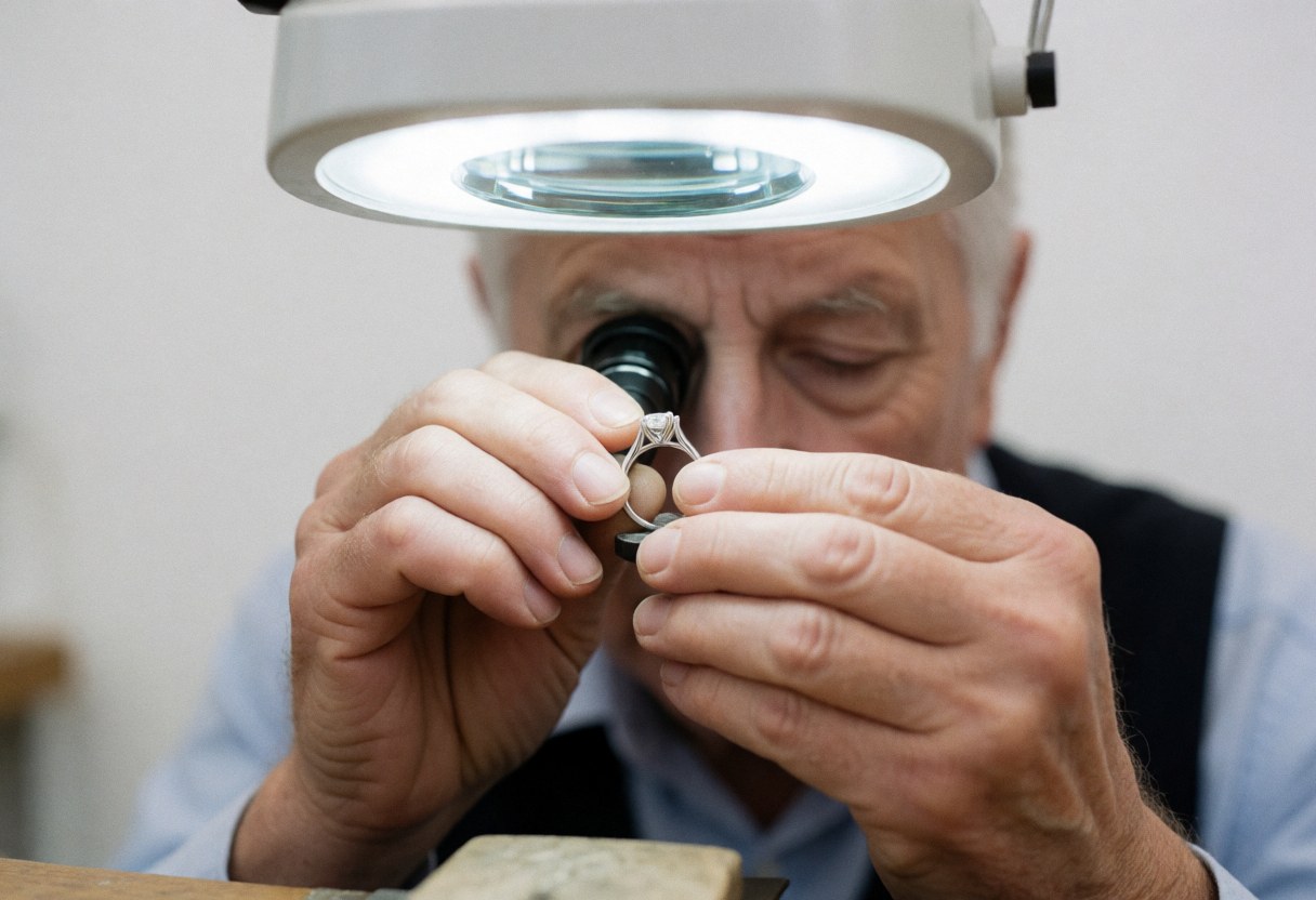 Un bijoutier examine attentivement un anneau à l'aide d'une loupe dans un atelier lumineux et blanc.
