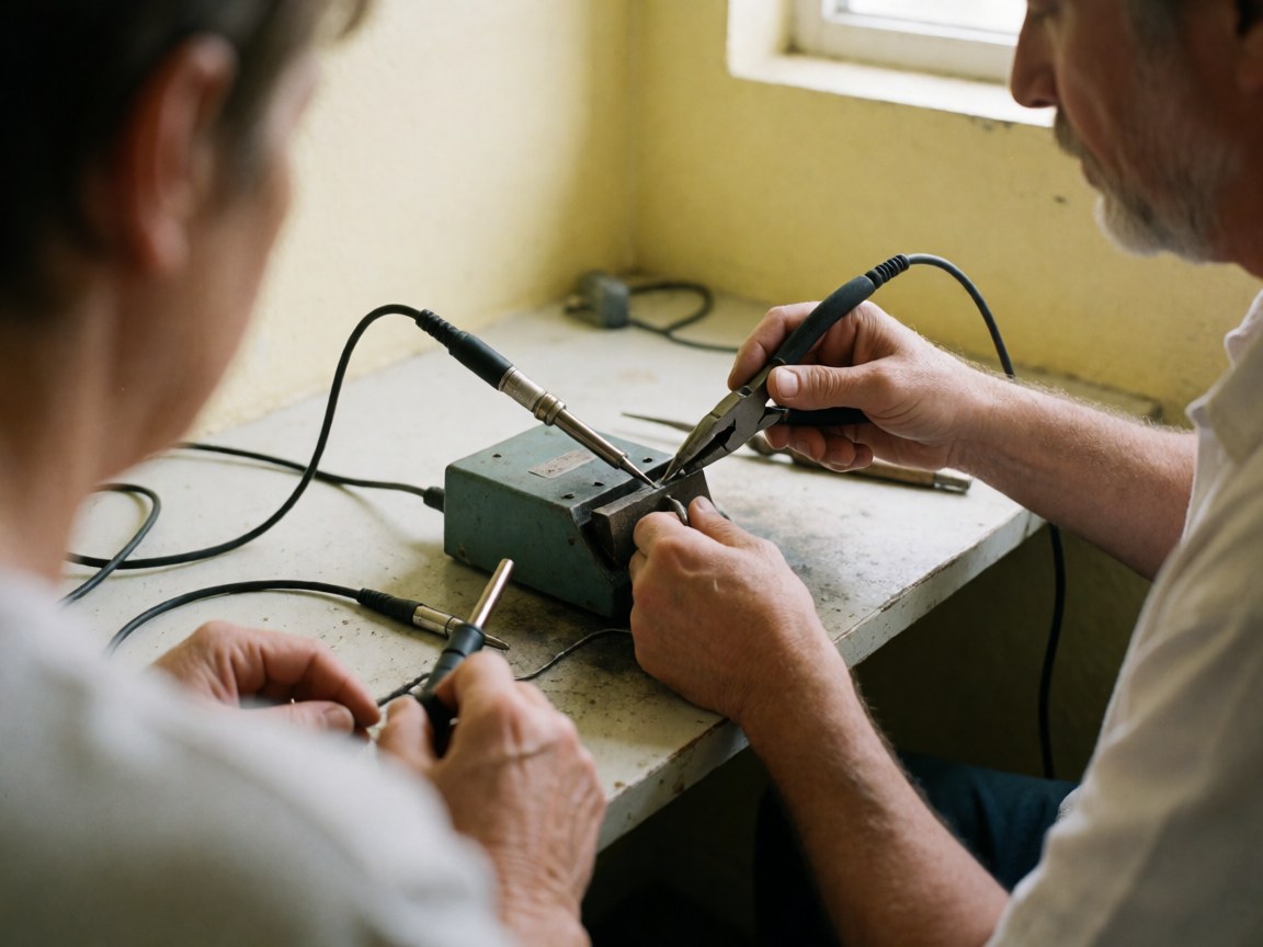 Un technicien répare une chaîne de bijoux à l'aide d'un soudeur et de pinces dans un atelier aux murs jaunes clairs.