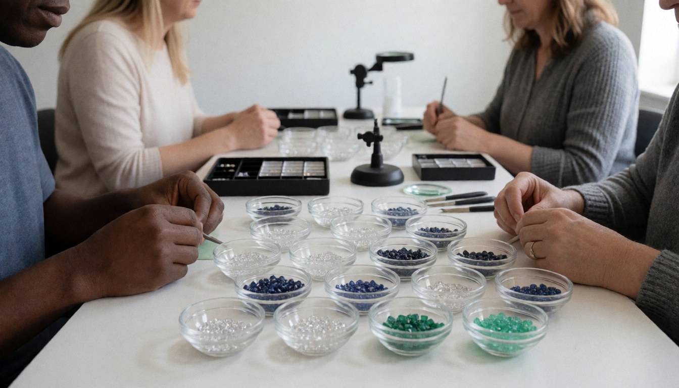 Quatre personnes choisissent des gemmes dans de petits récipients sur une table blanche dans un atelier de joaillerie équipé d'un microscope et d'outils.