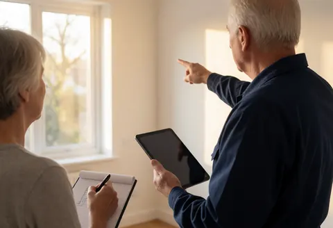 Un technicien en uniforme bleu pointe sa tablette vers un mur blanc pendant qu'un client note des informations dans un cahier, éclairé par la lumière naturelle venant d'une fenêtre.