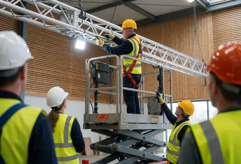 Un technicien en hauteur monte une structure métallique pour l'éclairage d'un événement dans un grand salon.