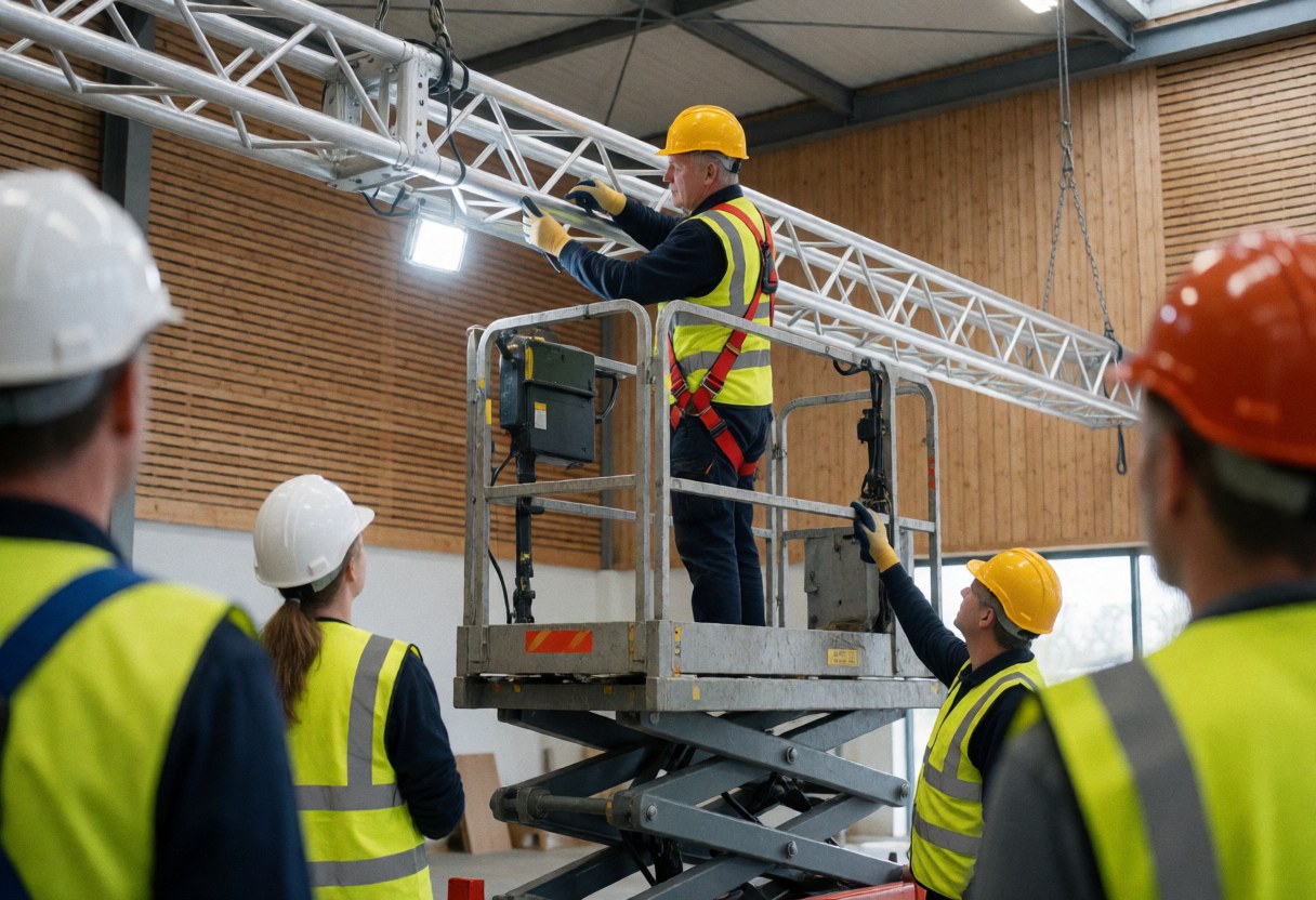 Un technicien en hauteur monte une structure métallique pour l'éclairage d'un événement dans un grand salon.