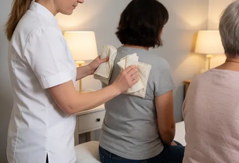 Un thérapeute pose des compresses chaudes sur le dos d'une cliente assise dans une pièce aux murs gris et à la lumière chaude, dans le cadre d'un service de médecine traditionnelle.