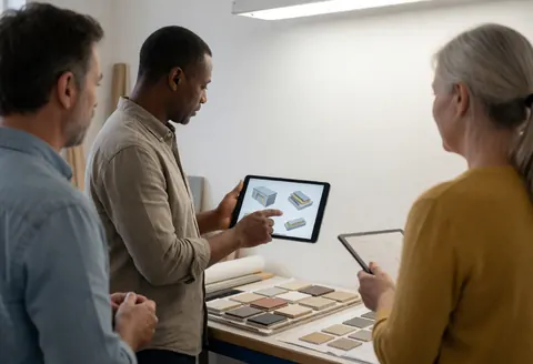 Un professionnel présente des rendus 3D sur une tablette à des clients dans un atelier de métallerie avec des échantillons de matériaux sur une table.