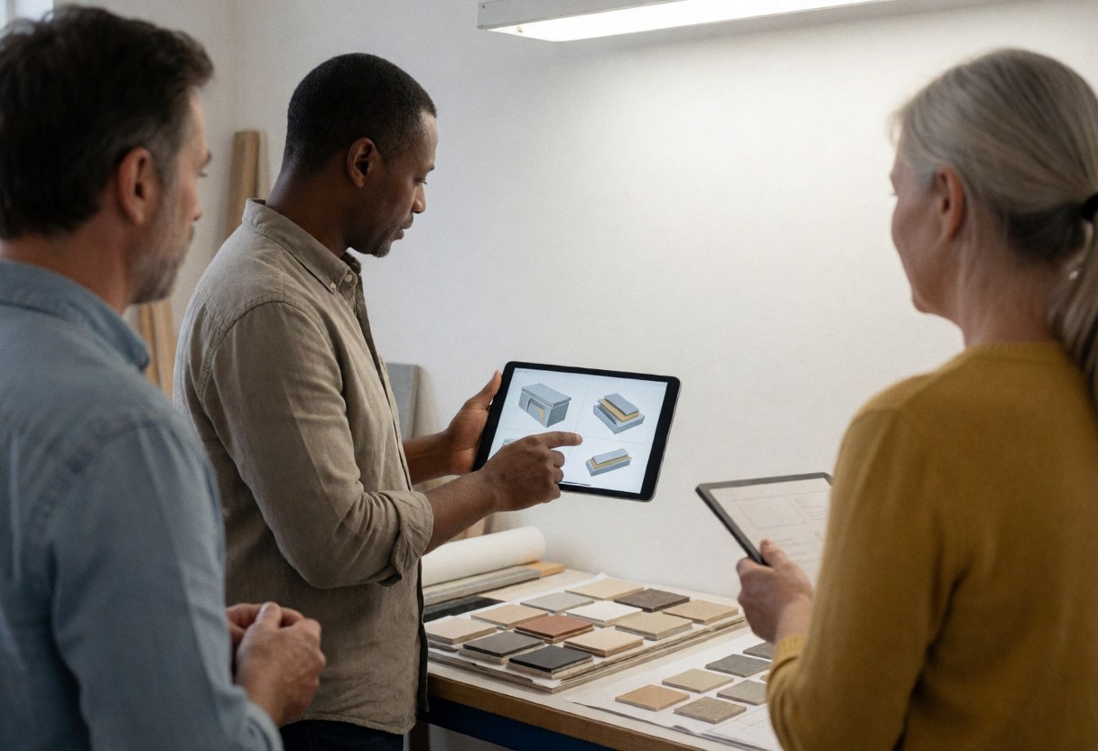 Un professionnel présente des rendus 3D sur une tablette à des clients dans un atelier de métallerie avec des échantillons de matériaux sur une table.