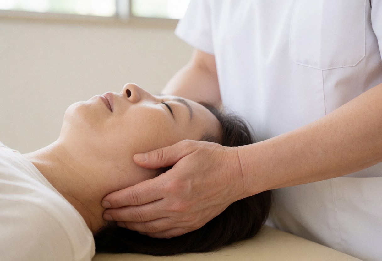 Un thérapeute chiropratique ajuste la tête d'un patient lors d'une séance de quiromassage dans un bureau avec une lumière naturelle et un fond neutre.