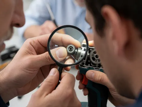 Un technicien examine attentivement un engrenage endommagé au moyen d'une loupe, dans le cadre d'une réparation mécanique de précision sur un outil électrique.