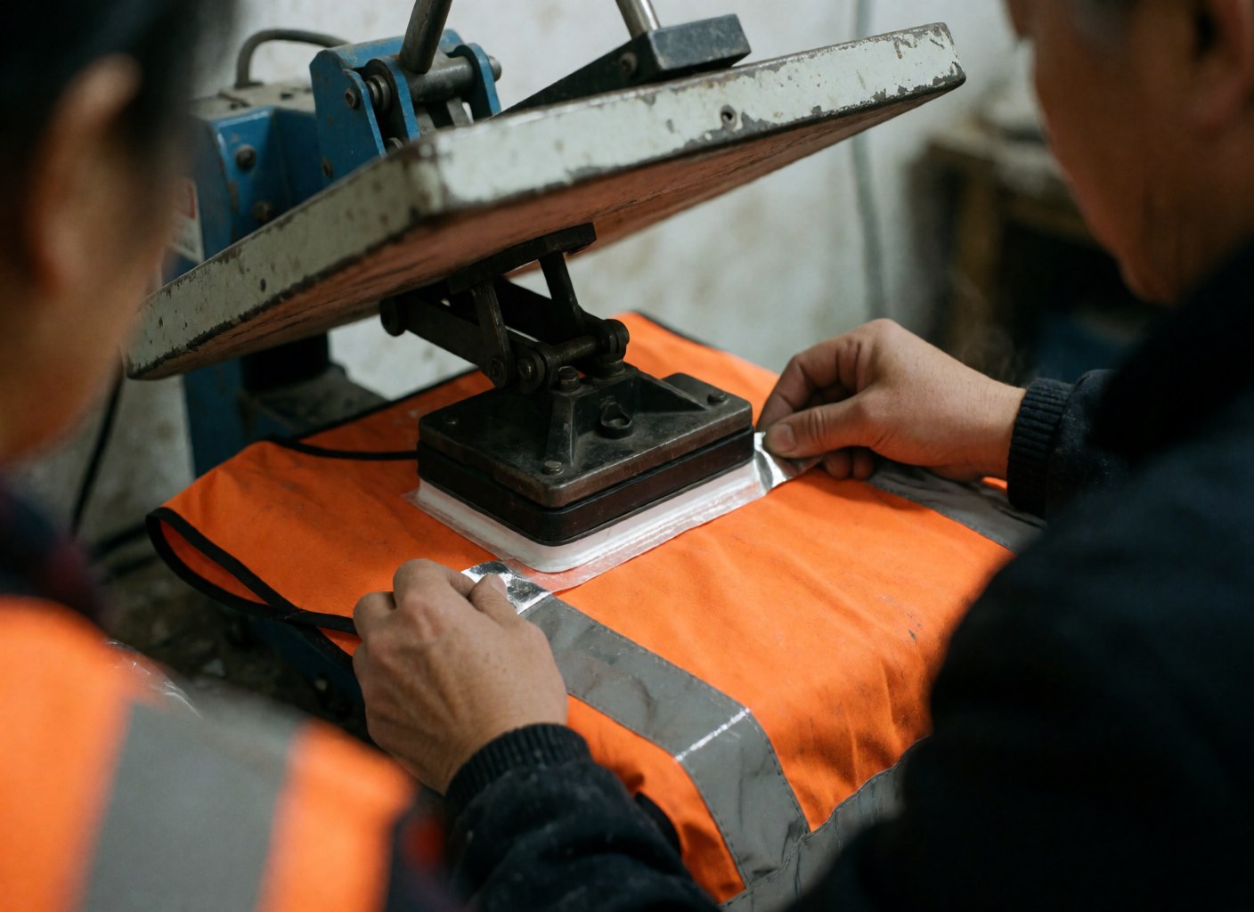 Machine thermique appliquant une bande réfléchissante sur un gilet orange dans un atelier de personnalisation de vêtements.