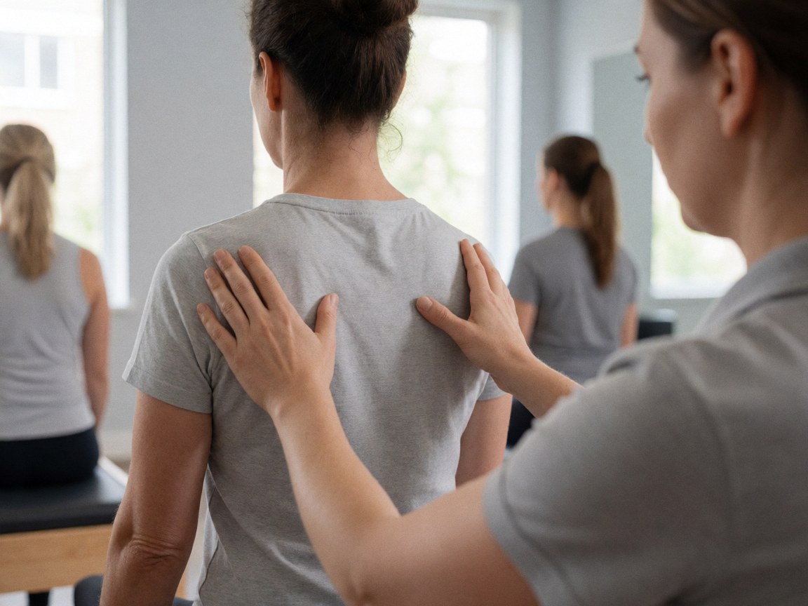 Le thérapeute ajuste la posture d'un client assis dans un studio lumineux aux murs gris.