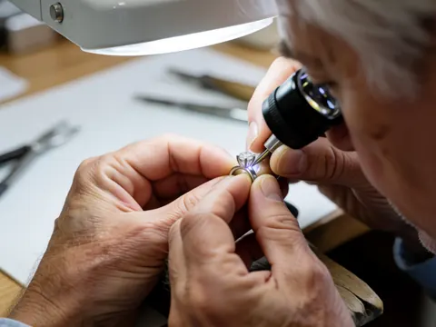 Des mains d'adulte réparent un anneau en diamant à l'aide d'une loupe et d'un outil sur fond blanc.