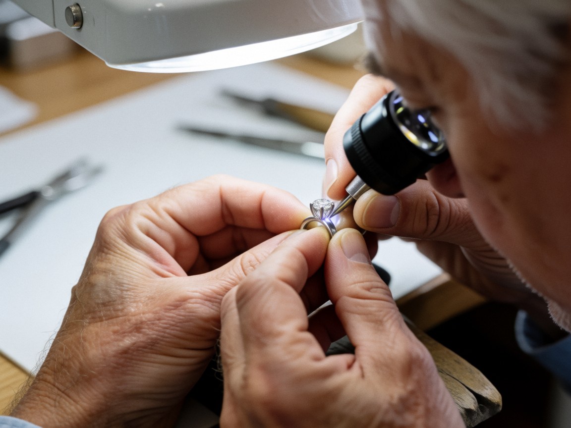 Des mains d'adulte réparent un anneau en diamant à l'aide d'une loupe et d'un outil sur fond blanc.