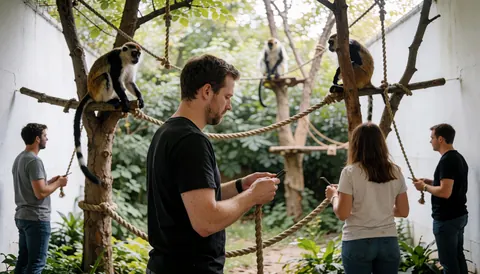 Quatre personnes tenant des téléphones devant un enclos à singes avec arbres et cordes dans un zoo extérieur.