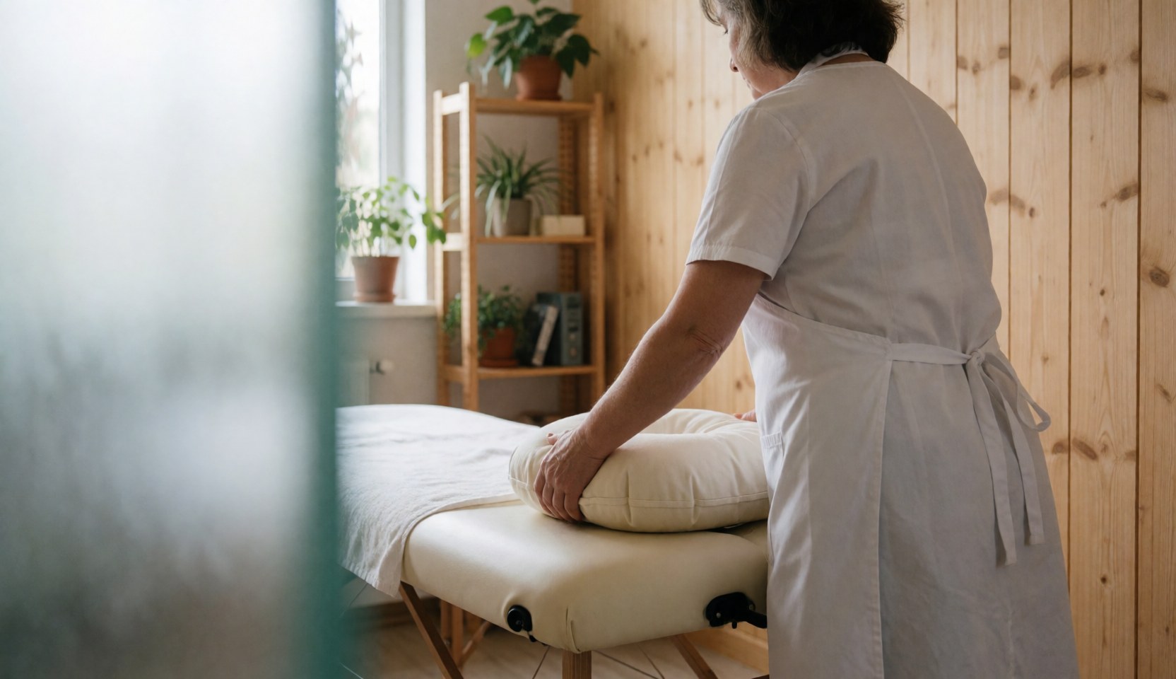 Un professionnel ajuste un oreiller blanc sur un lit de massage dans un espace aux murs en bois et aux plantes.