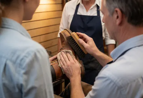 Un cordonnier nettoie un soulier en cuir à l'aide d'une brosse et d'un chiffon dans un atelier aux murs en bois, sous le regard d'un client.